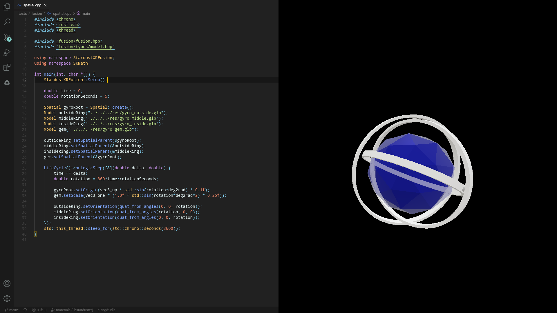 To the left, a code editor showing Stardust Fusion creating several models and transforming them on the logicStep. To the right is the program running in Stardust.